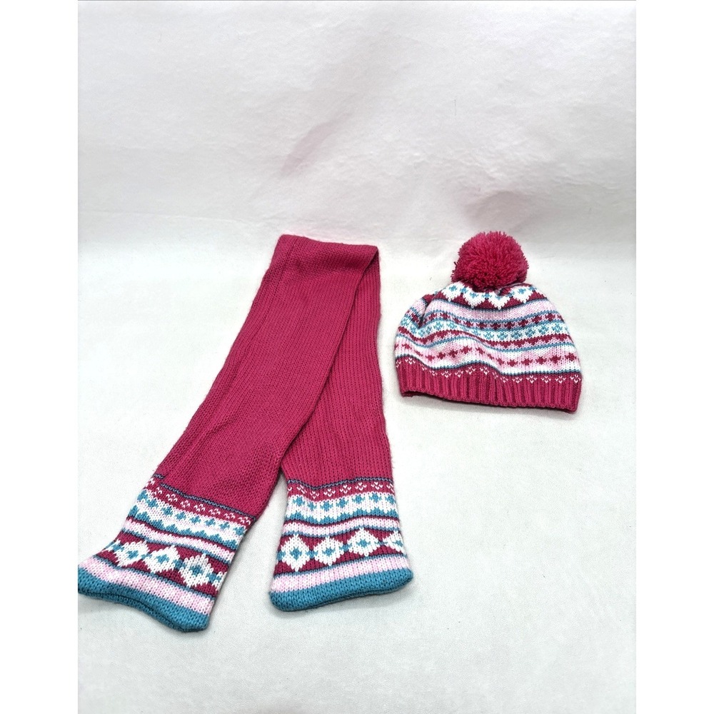 Build a Bear Fair Isle Pink Blue White Knit Hat And Scarf 2013
